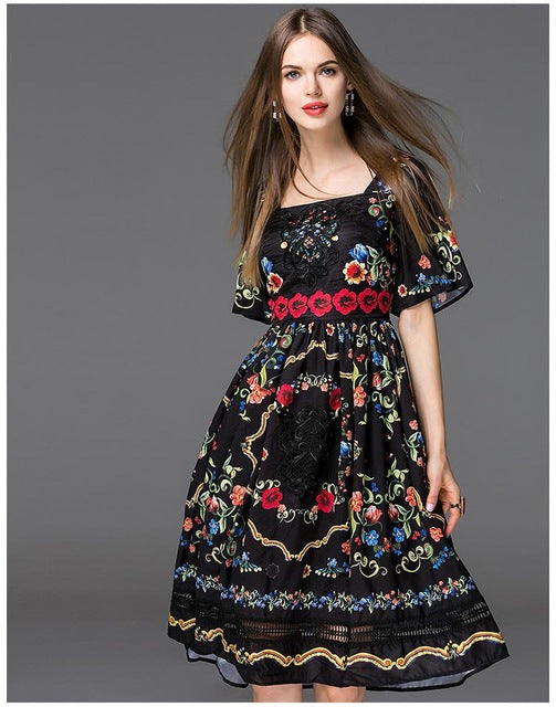 New Arrival 2018 Women's Square Neckline Short Sleeves Floral Printed Embroidery High Street Elegant Runway Dresses