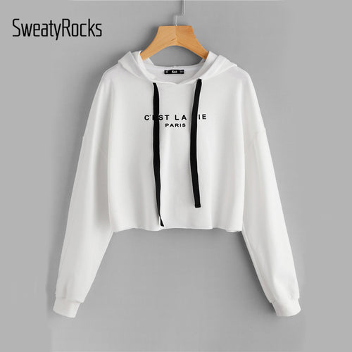 SweatyRocks White Drop Shoulder Crop Hoodie Women's Letter Print Long Sleeve Casual Pullovers Sweatshirt 2018 Autumn Top