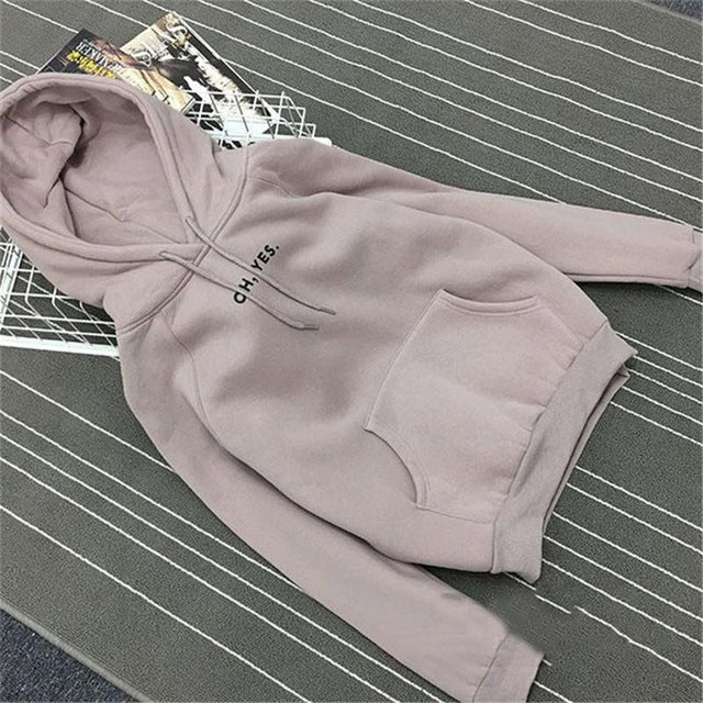 Oh Yes Letter Harajuku Casual Coat Two Layers Hat 2017 Winter Fleece Pink Pullover Thick Loose Women Hoodies Sweatshirt Female