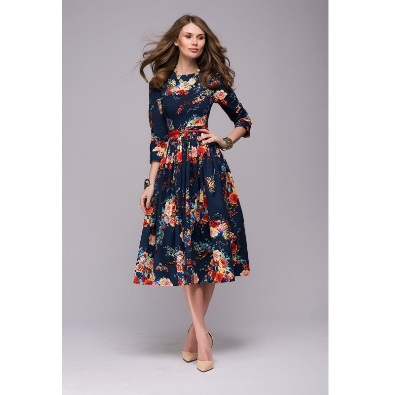 Women casual knee-length dress 2018 new arrival long sleeve printing summer dress for offical lady Women loose vestidos