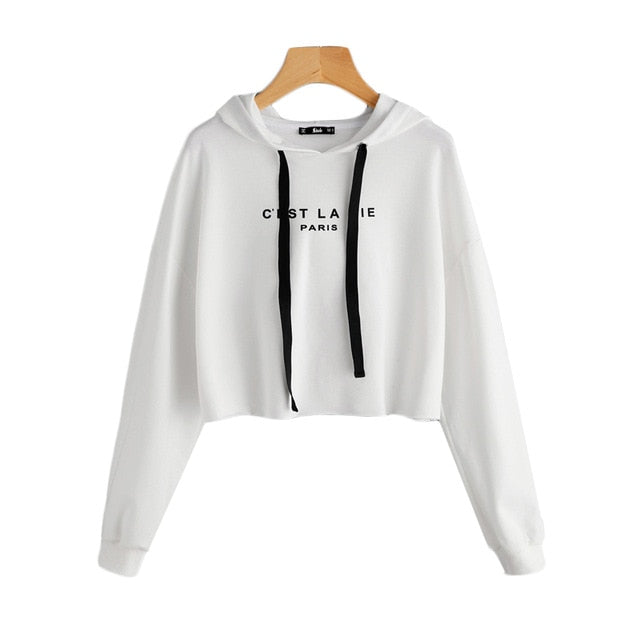 SweatyRocks White Drop Shoulder Crop Hoodie Women's Letter Print Long Sleeve Casual Pullovers Sweatshirt 2018 Autumn Top